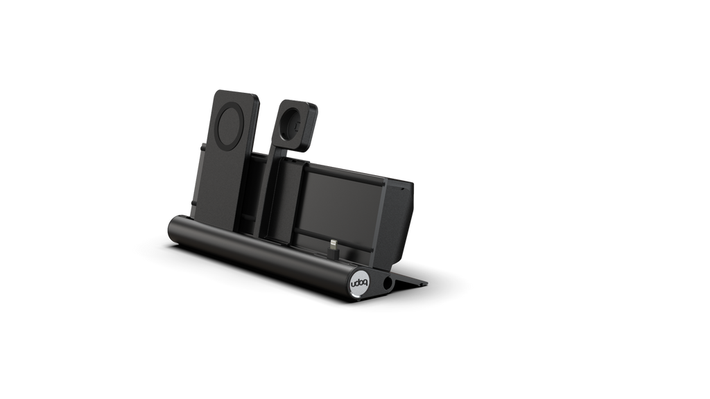 udoq 250 PREMIUM WATCH Ladestation dunkelgrau - 3 fach Ladestation gefräst und eloxiert aus solidem Aluminium. Exklusives Design mit patentierten verschiebbaren Anschlüssen. Lade platzsparend alle iPad, iPhone, AirPods, Apple Watch und Android Geräte mit bis zu 136W.