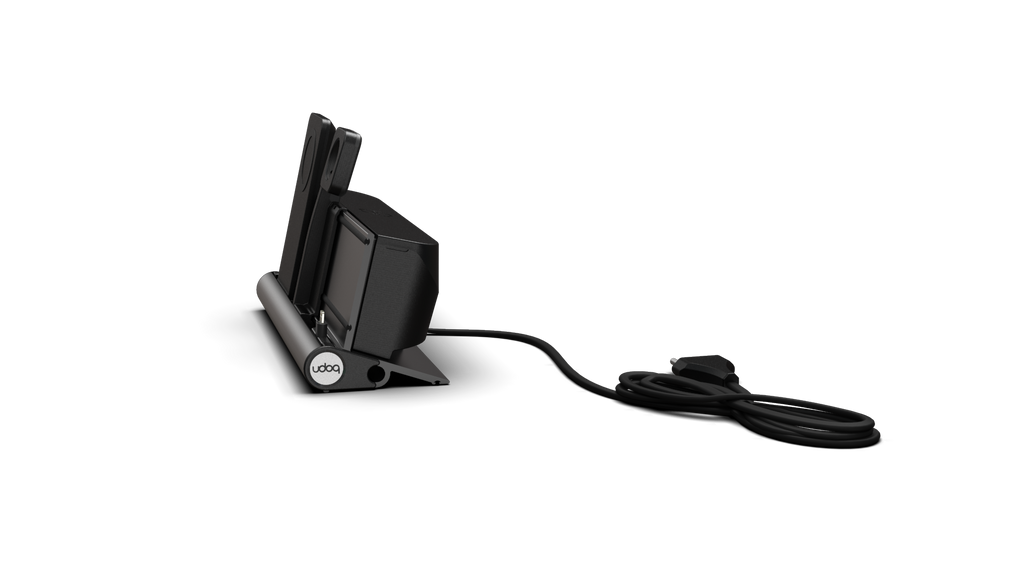 udoq 250 PREMIUM WATCH Ladestation dunkelgrau - 3 fach Ladestation gefräst und eloxiert aus solidem Aluminium. Exklusives Design mit patentierten verschiebbaren Anschlüssen. Lade platzsparend alle iPad, iPhone, AirPods, Apple Watch und Android Geräte mit bis zu 136W.