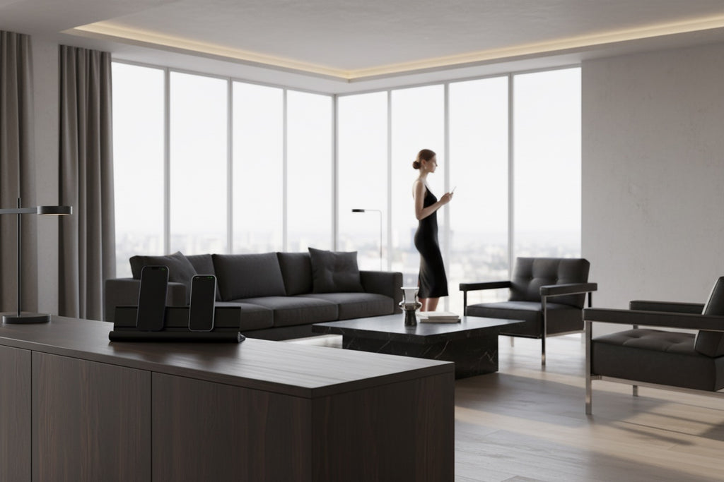 udoq 400 STARTER schwarz - 2 fach Ladestation gefräst und eloxiert aus solidem Aluminium. Exklusives Design mit patentierten verschiebbaren Anschlüssen. Lade platzsparend alle iPad, iPhone, AirPods, Apple Watch und Android Geräte mit bis zu 136W.