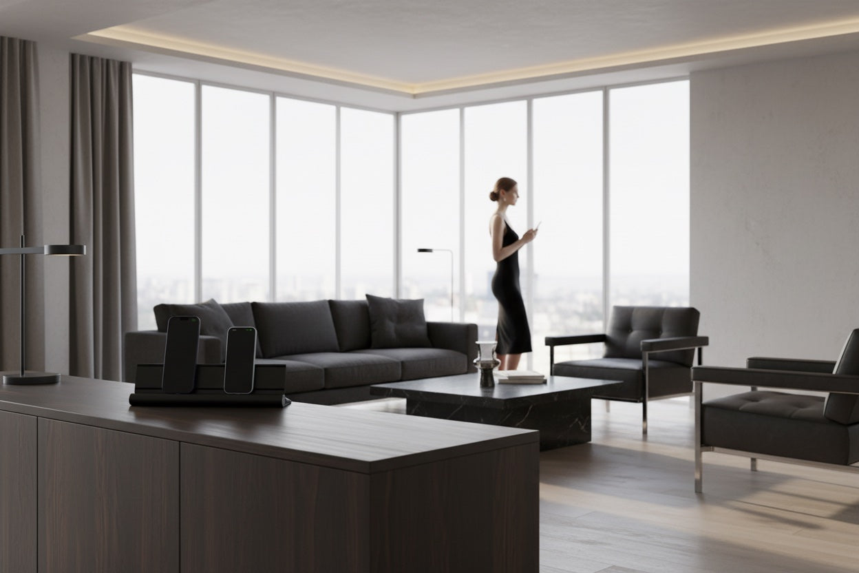 udoq 400 STARTER schwarz - 2 fach Ladestation gefräst und eloxiert aus solidem Aluminium. Exklusives Design mit patentierten verschiebbaren Anschlüssen. Lade platzsparend alle iPad, iPhone, AirPods, Apple Watch und Android Geräte mit bis zu 136W.