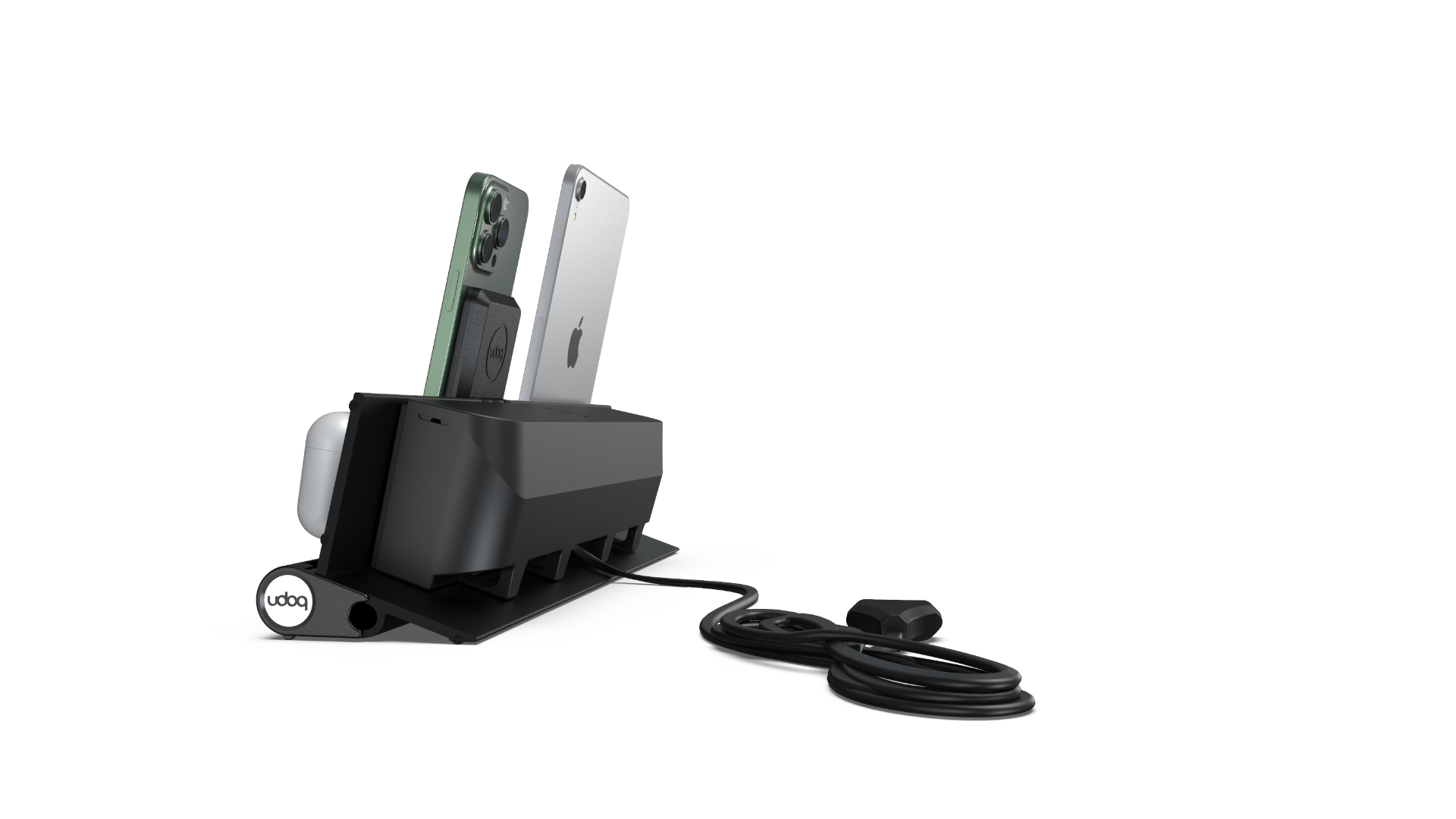 udoq 400 PREMIUM schwarz - 4 fach Ladestation gefräst und eloxiert aus  solidem Aluminium. Exklusives Design mit patentierten verschiebbaren Anschlüssen. Lade platzsparend alle iPad, iPhone, AirPods, Apple Watch und Android Geräte mit bis zu 136W.