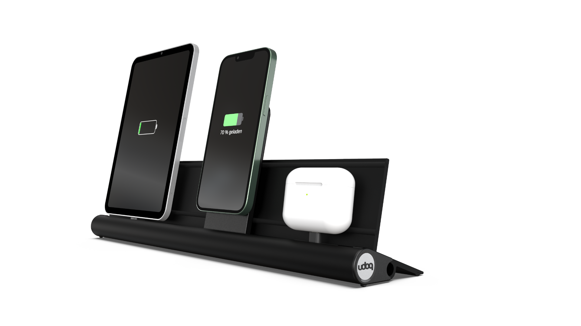 udoq 400 PREMIUM schwarz - 4 fach Ladestation gefräst und eloxiert aus  solidem Aluminium. Exklusives Design mit patentierten verschiebbaren Anschlüssen. Lade platzsparend alle iPad, iPhone, AirPods, Apple Watch und Android Geräte mit bis zu 136W.