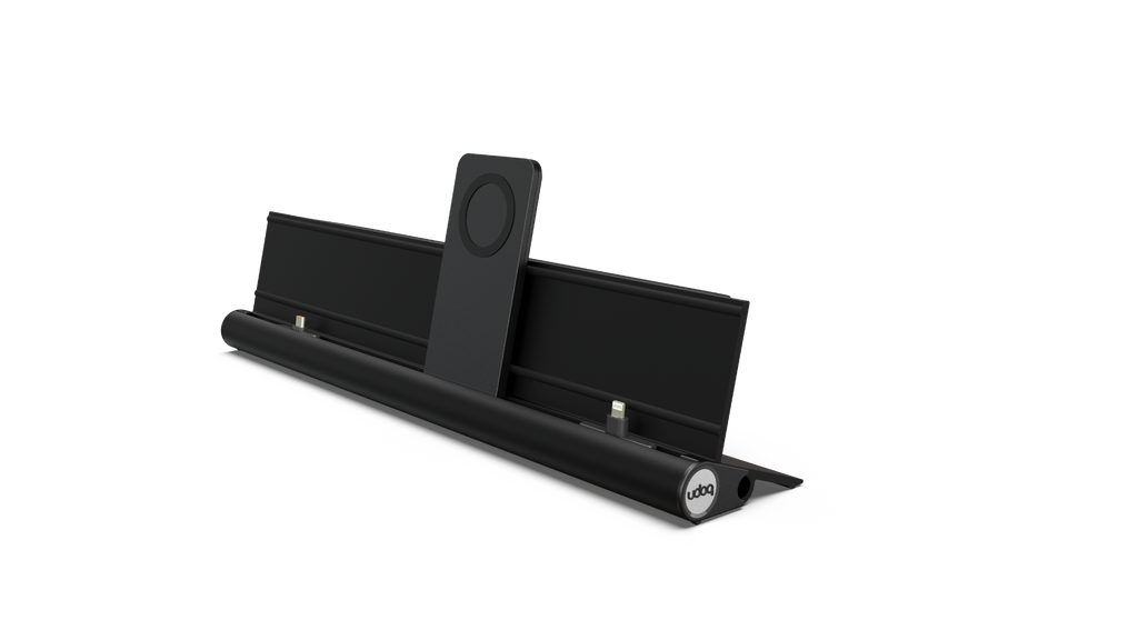 udoq 400 PREMIUM schwarz - 4 fach Ladestation gefräst und eloxiert aus  solidem Aluminium. Exklusives Design mit patentierten verschiebbaren Anschlüssen. Lade platzsparend alle iPad, iPhone, AirPods, Apple Watch und Android Geräte mit bis zu 136W.