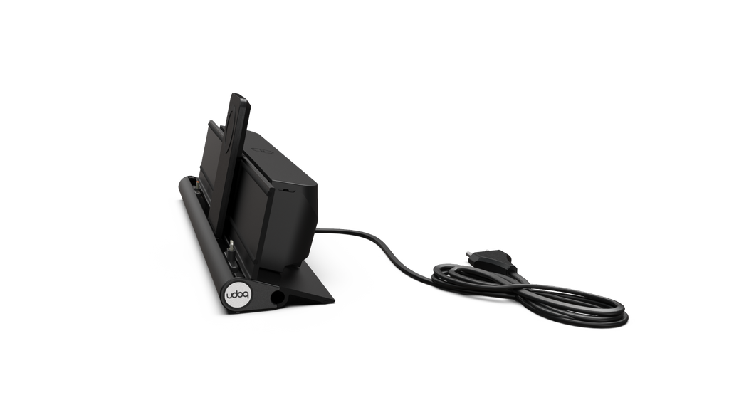 udoq 400 PREMIUM schwarz - 4 fach Ladestation gefräst und eloxiert aus  solidem Aluminium. Exklusives Design mit patentierten verschiebbaren Anschlüssen. Lade platzsparend alle iPad, iPhone, AirPods, Apple Watch und Android Geräte mit bis zu 136W.