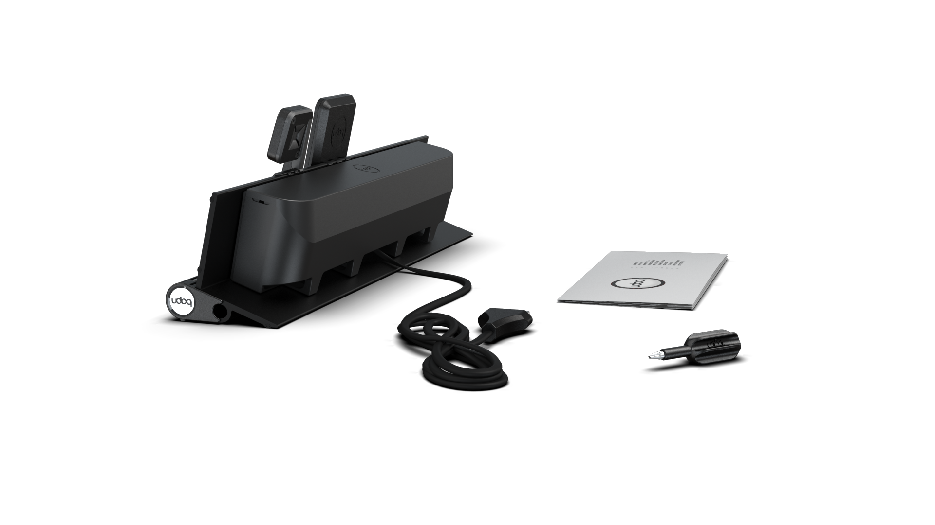 udoq 400 PREMIUM WATCH schwarz - 4 fach Ladestation gefräst und eloxiert aus solidem Aluminium. Exklusives Design mit patentierten verschiebbaren Anschlüssen. Lade platzsparend alle iPad, iPhone, AirPods, Apple Watch und Android Geräte mit bis zu 136W.