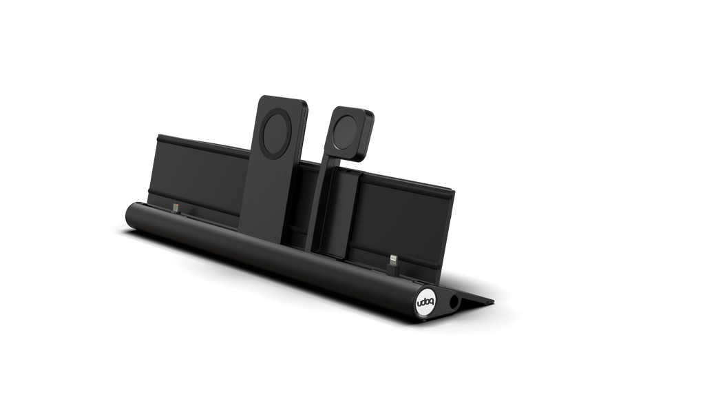 udoq 400 PREMIUM WATCH schwarz - 4 fach Ladestation gefräst und eloxiert aus solidem Aluminium. Exklusives Design mit patentierten verschiebbaren Anschlüssen. Lade platzsparend alle iPad, iPhone, AirPods, Apple Watch und Android Geräte mit bis zu 136W.