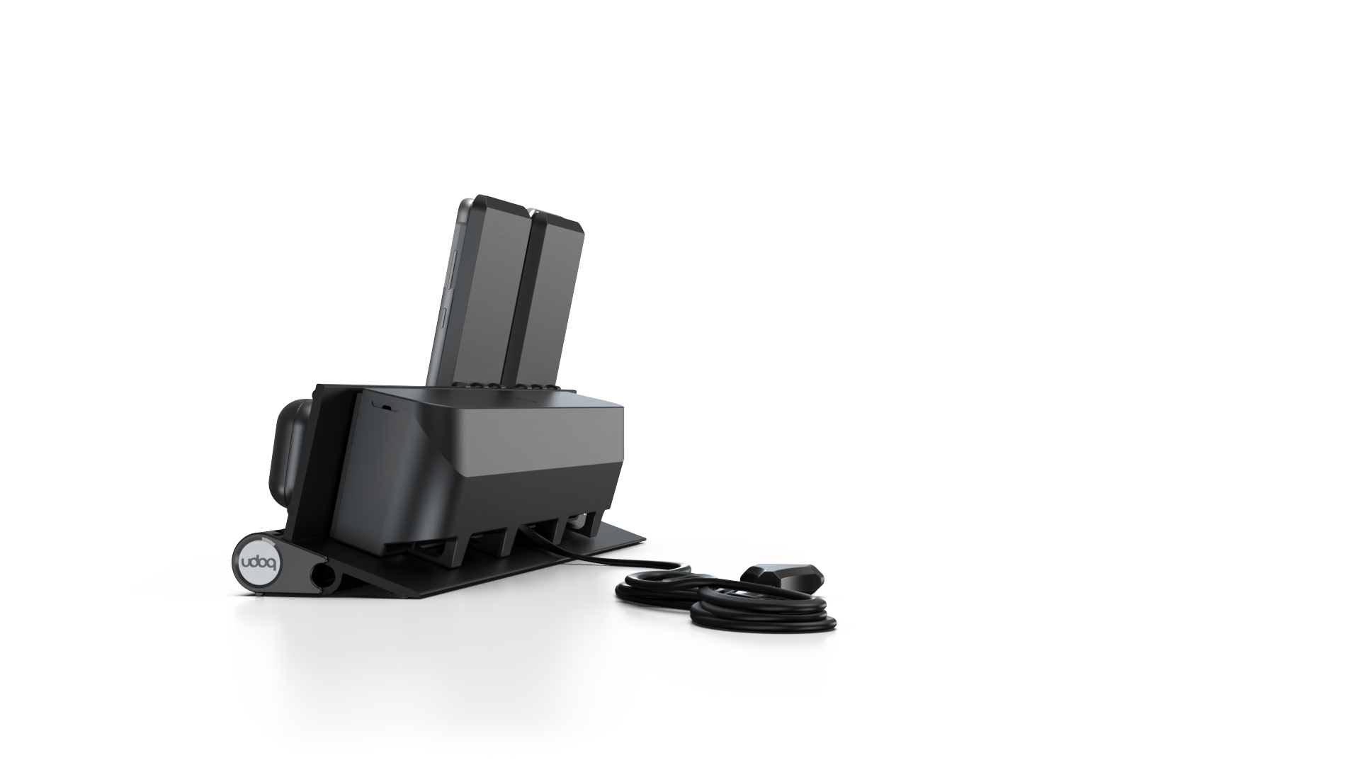 udoq 400 Wireless schwarz - 4 fach Ladestation gefräst und eloxiert aus solidem Aluminium. Exklusives Design mit patentierten verschiebbaren Anschlüssen. Lade platzsparend alle iPad, iPhone, AirPods, Apple Watch und Android Geräte mit bis zu 136W.