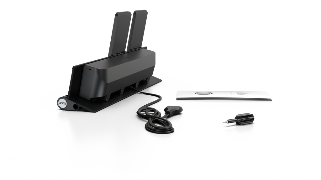 udoq 400 Wireless schwarz - 4 fach Ladestation gefräst und eloxiert aus solidem Aluminium. Exklusives Design mit patentierten verschiebbaren Anschlüssen. Lade platzsparend alle iPad, iPhone, AirPods, Apple Watch und Android Geräte mit bis zu 136W.