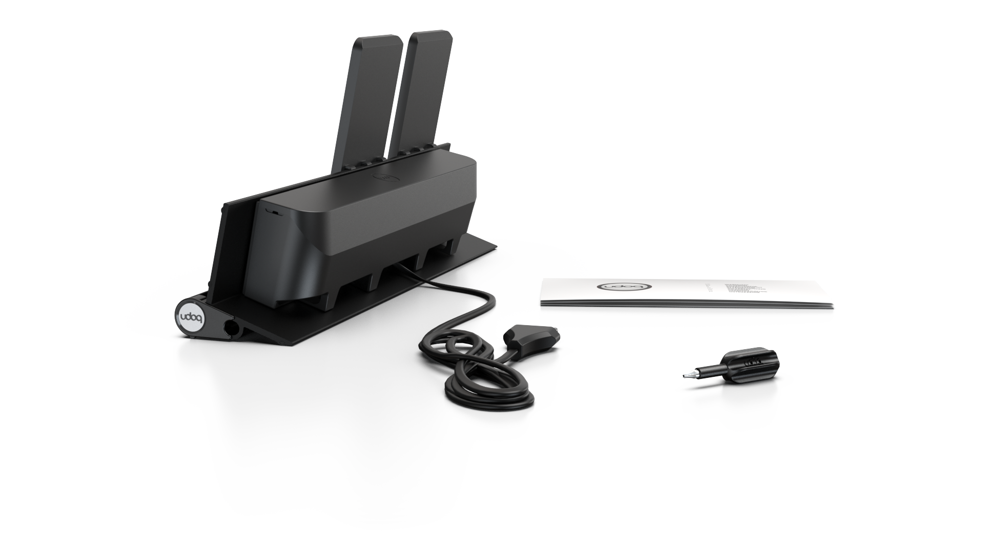 udoq 400 Wireless schwarz - 4 fach Ladestation gefräst und eloxiert aus solidem Aluminium. Exklusives Design mit patentierten verschiebbaren Anschlüssen. Lade platzsparend alle iPad, iPhone, AirPods, Apple Watch und Android Geräte mit bis zu 136W.