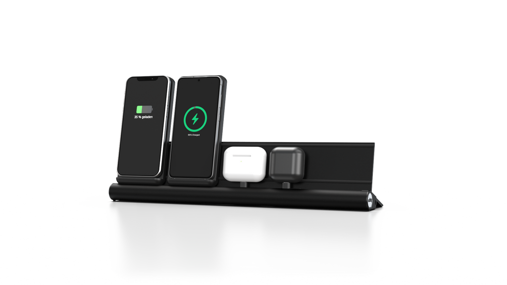 udoq 400 Wireless schwarz - 4 fach Ladestation gefräst und eloxiert aus solidem Aluminium. Exklusives Design mit patentierten verschiebbaren Anschlüssen. Lade platzsparend alle iPad, iPhone, AirPods, Apple Watch und Android Geräte mit bis zu 136W.