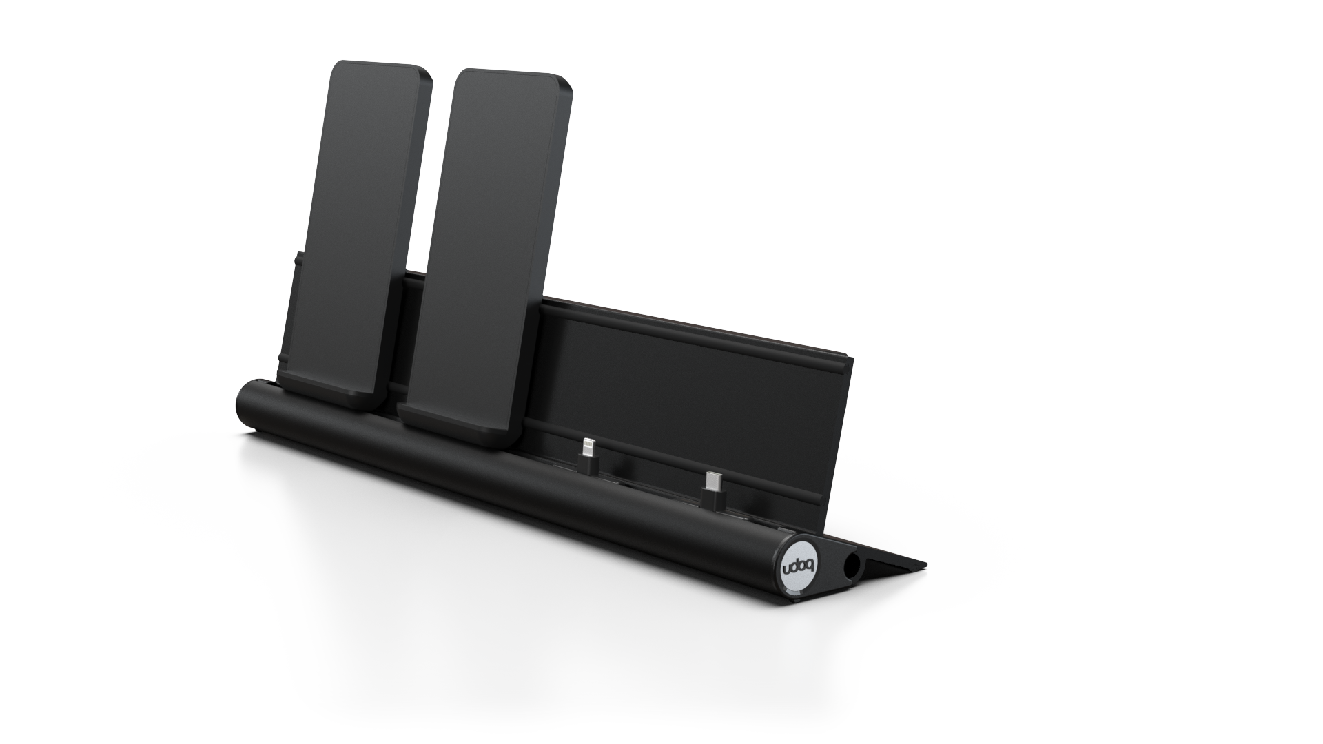 udoq 400 Wireless schwarz - 4 fach Ladestation gefräst und eloxiert aus solidem Aluminium. Exklusives Design mit patentierten verschiebbaren Anschlüssen. Lade platzsparend alle iPad, iPhone, AirPods, Apple Watch und Android Geräte mit bis zu 136W.