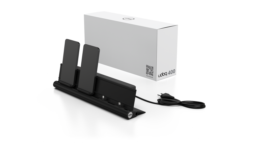 udoq 400 Wireless schwarz - 4 fach Ladestation gefräst und eloxiert aus solidem Aluminium. Exklusives Design mit patentierten verschiebbaren Anschlüssen. Lade platzsparend alle iPad, iPhone, AirPods, Apple Watch und Android Geräte mit bis zu 136W.