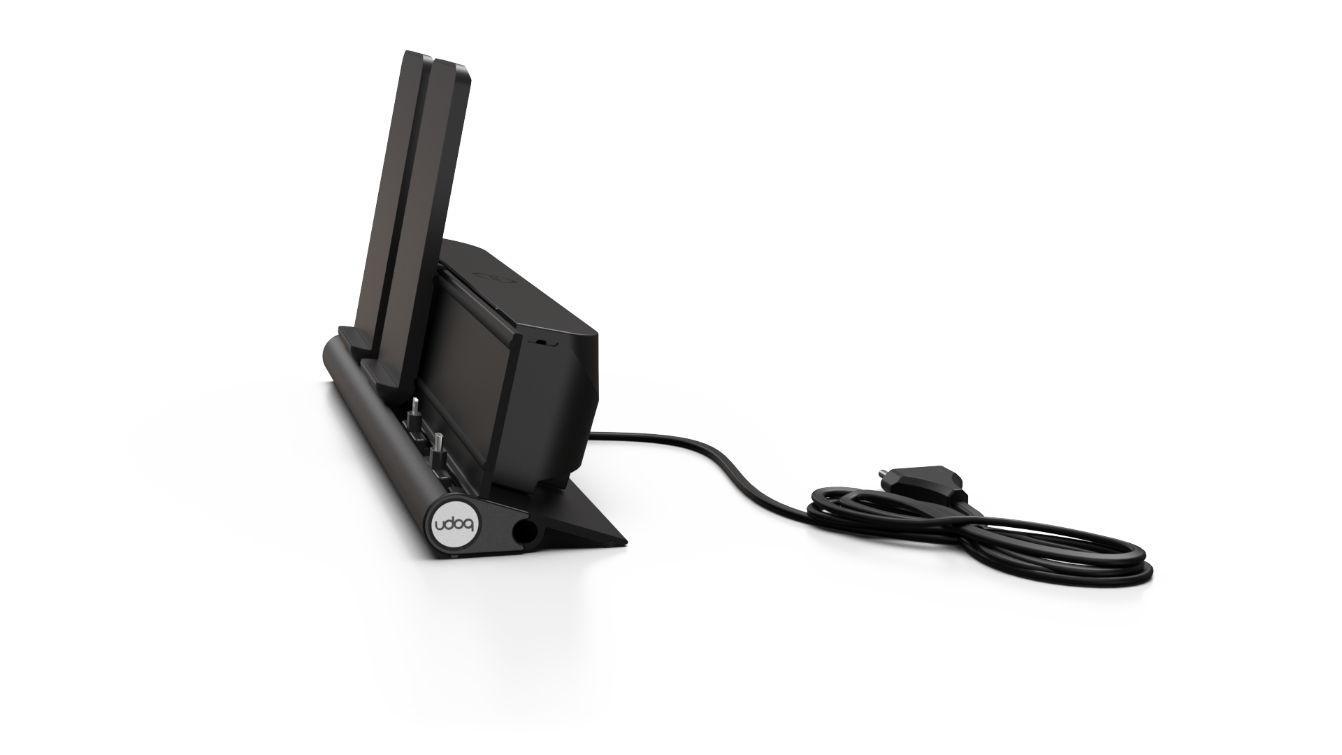 udoq 400 Wireless schwarz - 4 fach Ladestation gefräst und eloxiert aus solidem Aluminium. Exklusives Design mit patentierten verschiebbaren Anschlüssen. Lade platzsparend alle iPad, iPhone, AirPods, Apple Watch und Android Geräte mit bis zu 136W.