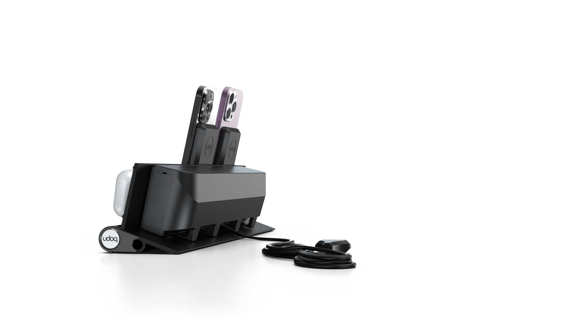udoq 400 MAGNETIC schwarz - 4 fach Ladestation gefräst und eloxiert aus solidem Aluminium. Exklusives Design mit patentierten verschiebbaren Anschlüssen. Lade platzsparend alle iPad, iPhone, AirPods, Apple Watch und Android Geräte mit bis zu 136W.