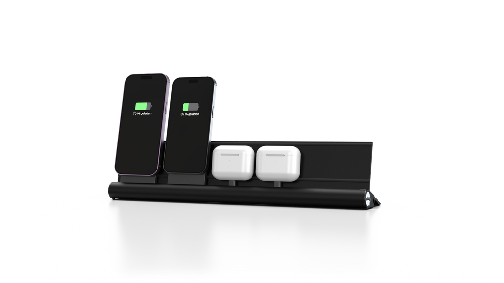udoq 400 MAGNETIC schwarz - 4 fach Ladestation gefräst und eloxiert aus solidem Aluminium. Exklusives Design mit patentierten verschiebbaren Anschlüssen. Lade platzsparend alle iPad, iPhone, AirPods, Apple Watch und Android Geräte mit bis zu 136W.