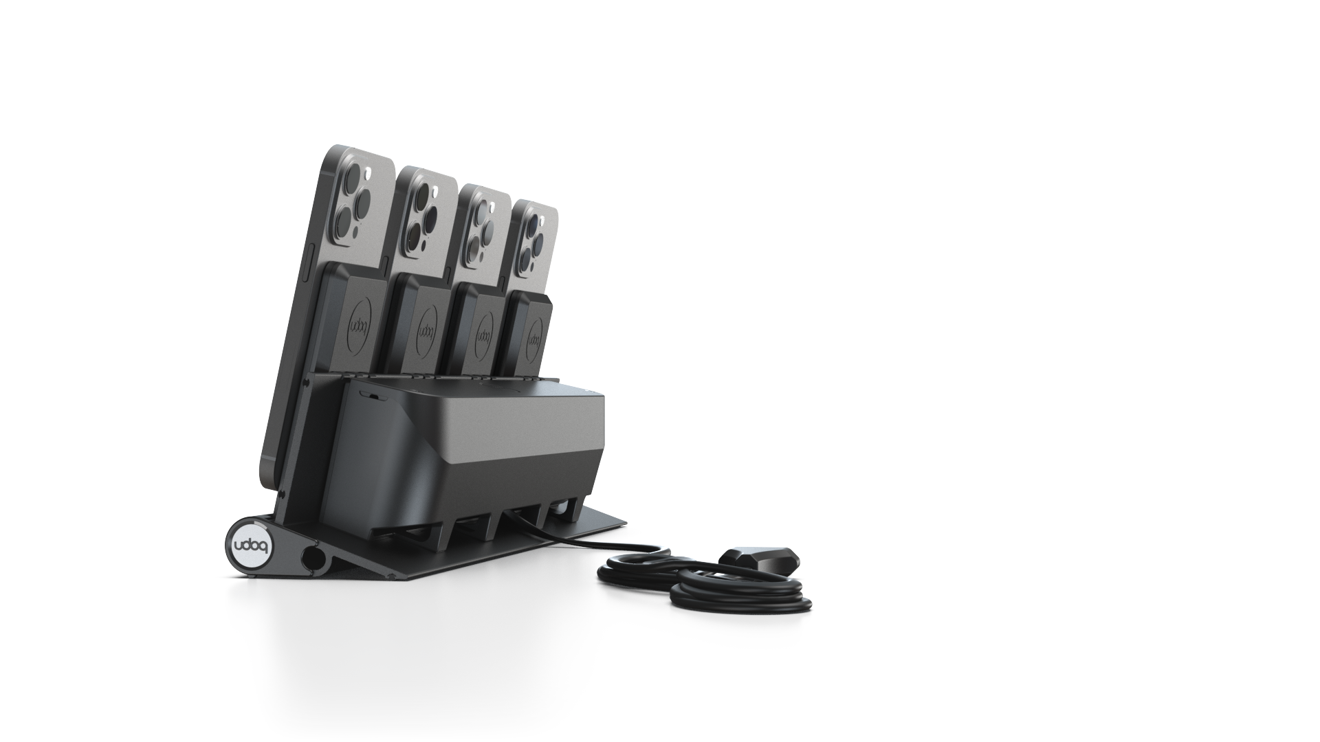 udoq 400 PRO MAGNETIC schwarz - 4 fach Ladestation gefräst und eloxiert aus solidem Aluminium. Mit 4 Magnetic MagSafe Adaptern für 4 iPhones.