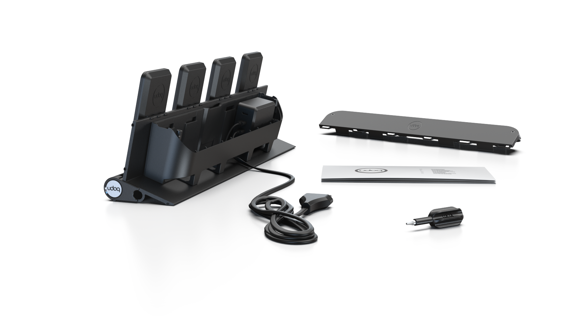 udoq 400 PRO MAGNETIC schwarz - 4 fach Ladestation gefräst und eloxiert aus solidem Aluminium. Mit 4 Magnetic MagSafe Adaptern für 4 iPhones.