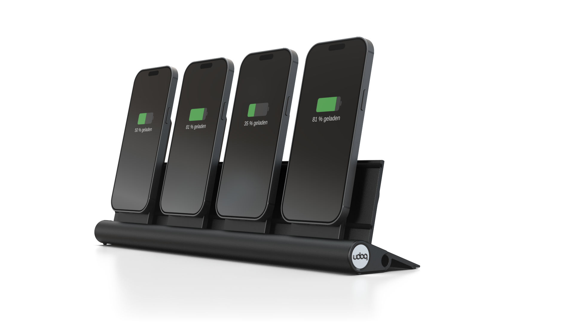 udoq 400 PRO MAGNETIC schwarz - 4 fach Ladestation gefräst und eloxiert aus solidem Aluminium. Mit 4 Magnetic MagSafe Adaptern für 4 iPhones.