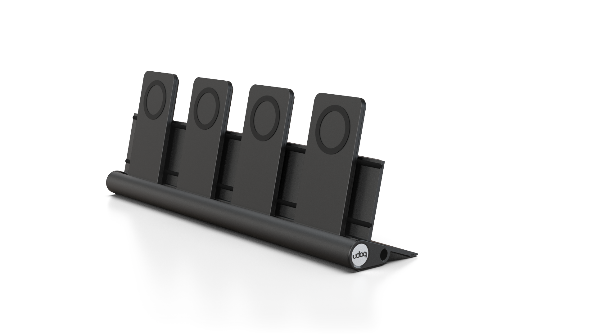 udoq 400 PRO MAGNETIC schwarz - 4 fach Ladestation gefräst und eloxiert aus solidem Aluminium. Mit 4 Magnetic MagSafe Adaptern für 4 iPhones.