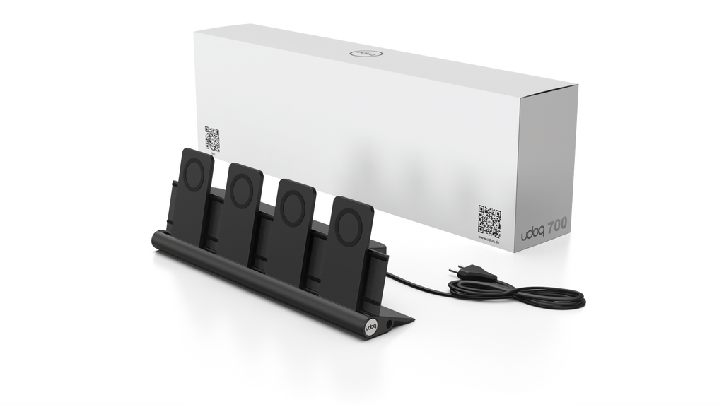 udoq 400 PRO MAGNETIC schwarz - 4 fach Ladestation gefräst und eloxiert aus solidem Aluminium. Mit 4 Magnetic MagSafe Adaptern für 4 iPhones.