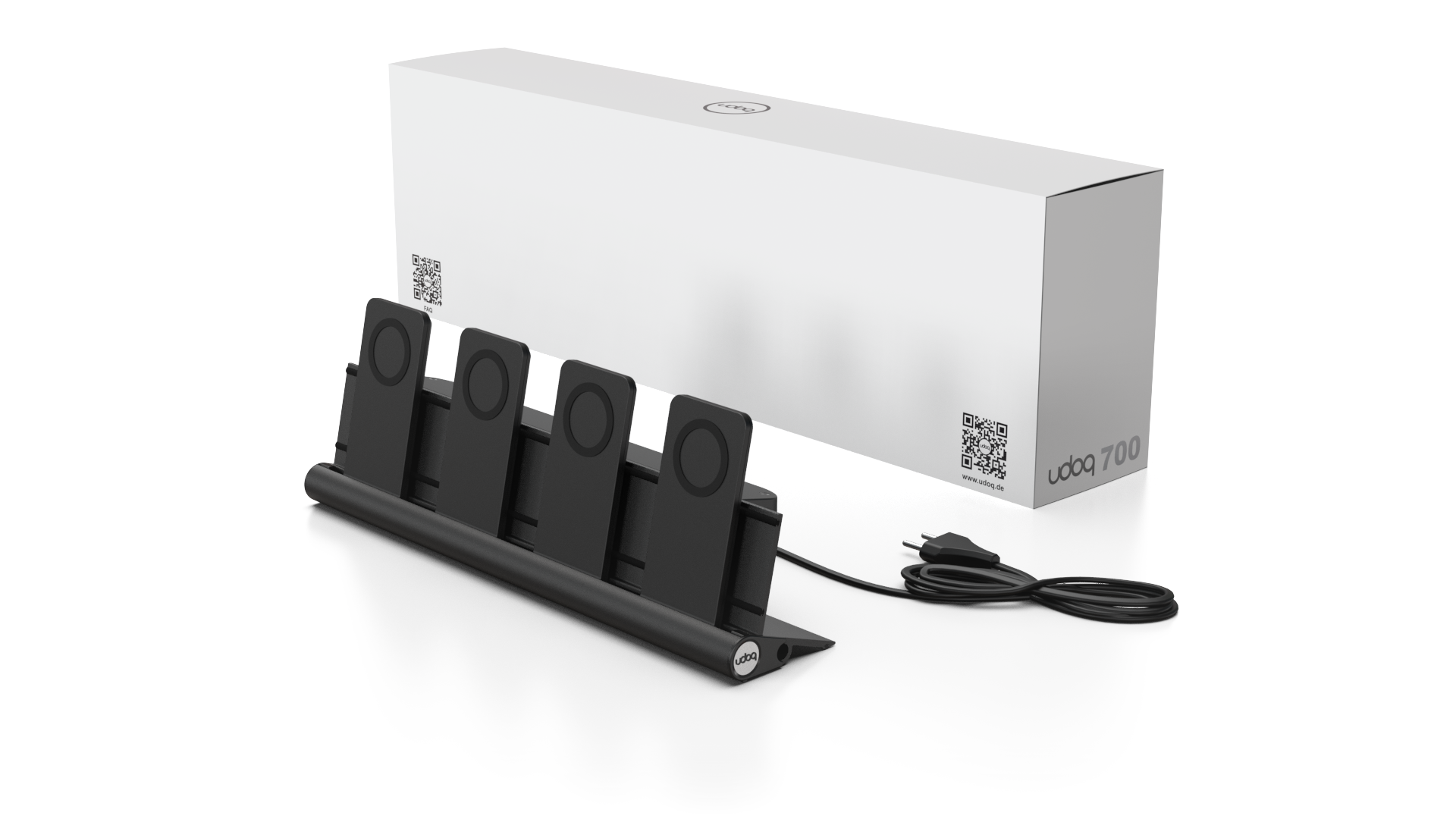 udoq 400 PRO MAGNETIC schwarz - 4 fach Ladestation gefräst und eloxiert aus solidem Aluminium. Mit 4 Magnetic MagSafe Adaptern für 4 iPhones.