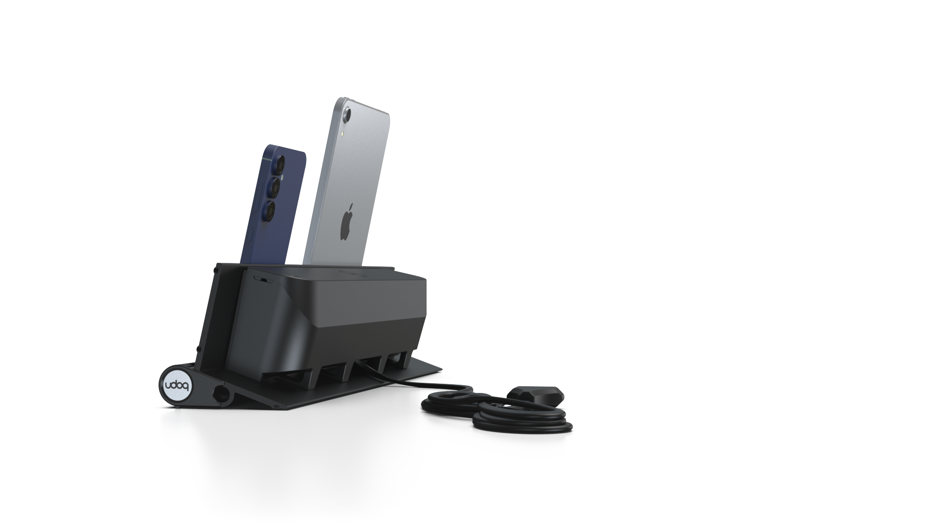 udoq 400 STARTER schwarz - 2 fach Ladestation gefräst und eloxiert aus solidem Aluminium. Exklusives Design mit patentierten verschiebbaren Anschlüssen. Lade platzsparend alle iPad, iPhone, AirPods, Apple Watch und Android Geräte mit bis zu 136W.
