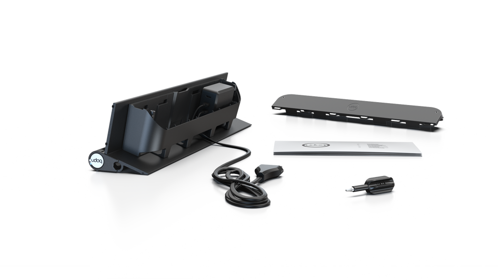 udoq 400 STARTER schwarz - 2 fach Ladestation gefräst und eloxiert aus solidem Aluminium. Exklusives Design mit patentierten verschiebbaren Anschlüssen. Lade platzsparend alle iPad, iPhone, AirPods, Apple Watch und Android Geräte mit bis zu 136W.