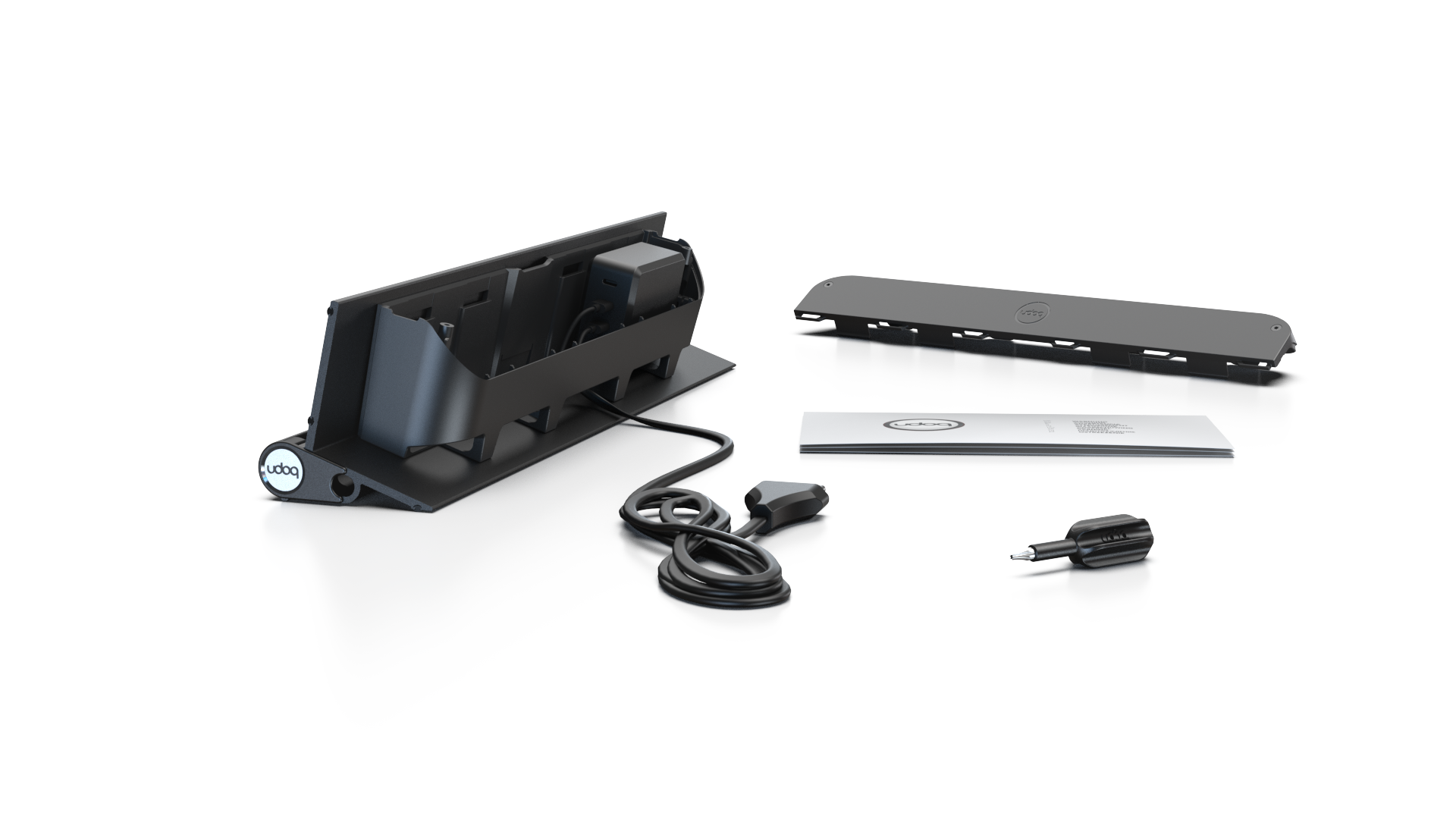 udoq 400 STARTER schwarz - 2 fach Ladestation gefräst und eloxiert aus solidem Aluminium. Exklusives Design mit patentierten verschiebbaren Anschlüssen. Lade platzsparend alle iPad, iPhone, AirPods, Apple Watch und Android Geräte mit bis zu 136W.