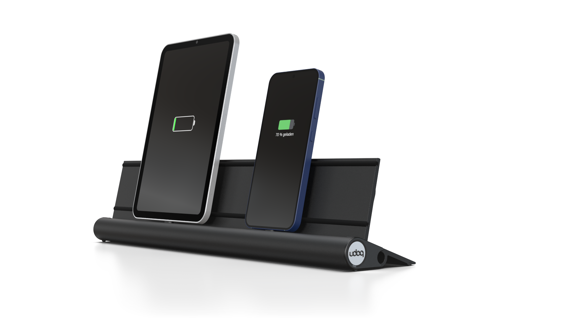 udoq 400 STARTER schwarz - 2 fach Ladestation gefräst und eloxiert aus solidem Aluminium. Exklusives Design mit patentierten verschiebbaren Anschlüssen. Lade platzsparend alle iPad, iPhone, AirPods, Apple Watch und Android Geräte mit bis zu 136W.