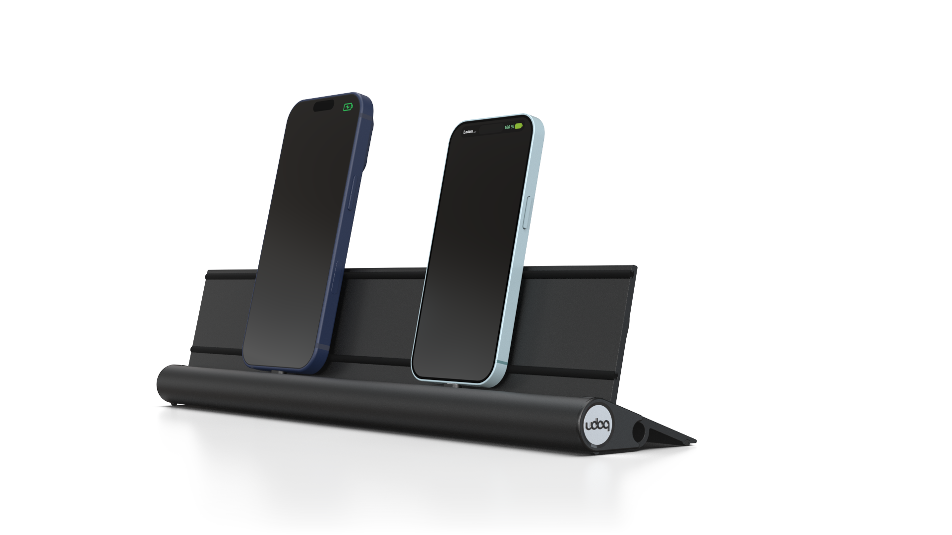 udoq 400 STARTER schwarz - 2 fach Ladestation gefräst und eloxiert aus solidem Aluminium. Exklusives Design mit patentierten verschiebbaren Anschlüssen. Lade platzsparend alle iPad, iPhone, AirPods, Apple Watch und Android Geräte mit bis zu 136W.