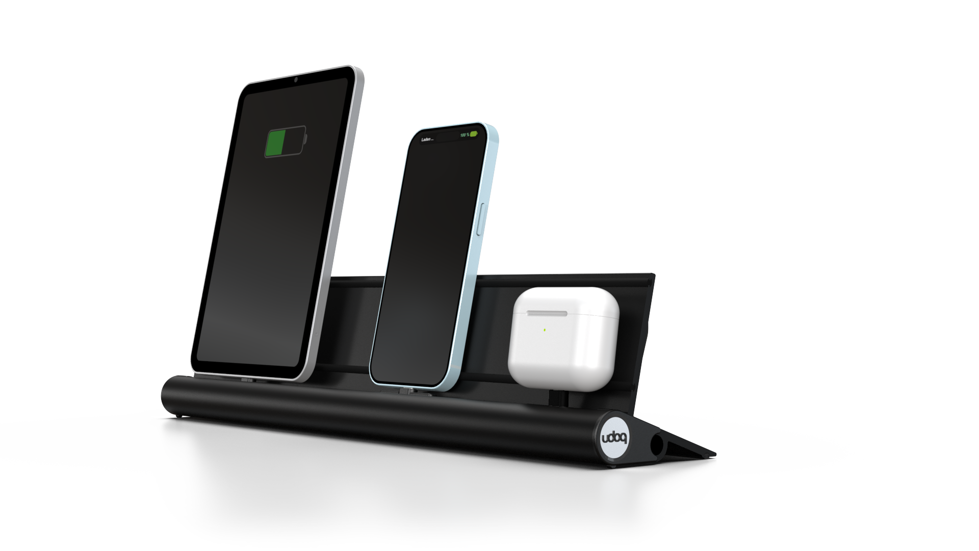 udoq 400 STARTER schwarz - 5 fach Ladestation gefräst und eloxiert aus solidem Aluminium. Exklusives Design mit patentierten verschiebbaren Anschlüssen. Lade platzsparend alle iPad, iPhone, AirPods, Apple Watch und Android Geräte mit bis zu 136W.