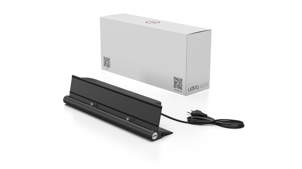 udoq 400 STARTER schwarz - 2 fach Ladestation gefräst und eloxiert aus solidem Aluminium. Exklusives Design mit patentierten verschiebbaren Anschlüssen. Lade platzsparend alle iPad, iPhone, AirPods, Apple Watch und Android Geräte mit bis zu 136W.