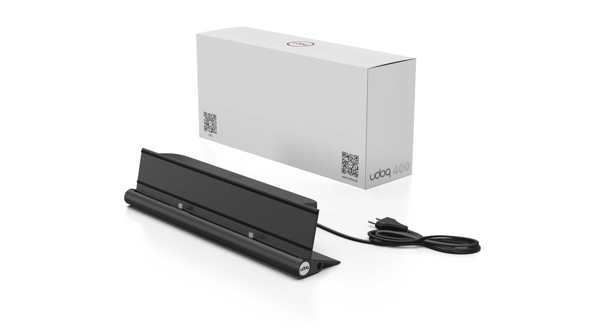 udoq 400 STARTER schwarz - 2 fach Ladestation gefräst und eloxiert aus solidem Aluminium. Exklusives Design mit patentierten verschiebbaren Anschlüssen. Lade platzsparend alle iPad, iPhone, AirPods, Apple Watch und Android Geräte mit bis zu 136W.