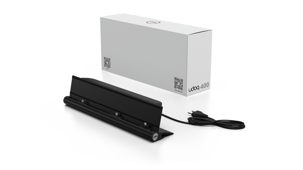 udoq 400 STARTER schwarz - 5 fach Ladestation gefräst und eloxiert aus solidem Aluminium. Exklusives Design mit patentierten verschiebbaren Anschlüssen. Lade platzsparend alle iPad, iPhone, AirPods, Apple Watch und Android Geräte mit bis zu 136W. 