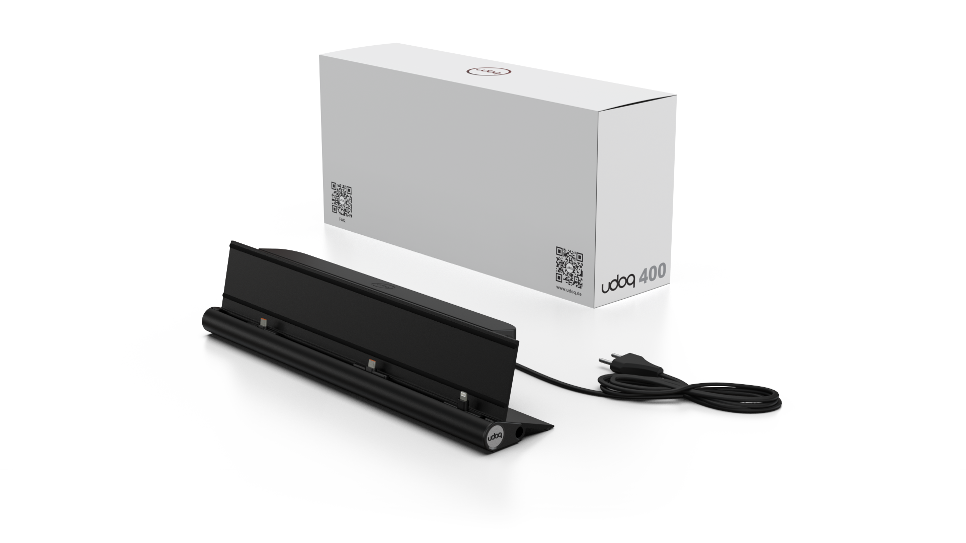 udoq 400 STARTER schwarz - 5 fach Ladestation gefräst und eloxiert aus solidem Aluminium. Exklusives Design mit patentierten verschiebbaren Anschlüssen. Lade platzsparend alle iPad, iPhone, AirPods, Apple Watch und Android Geräte mit bis zu 136W. 