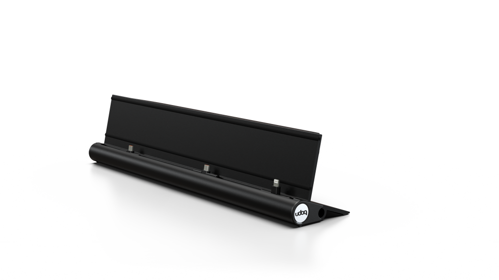 udoq 400 STARTER schwarz - 5 fach Ladestation gefräst und eloxiert aus solidem Aluminium. Exklusives Design mit patentierten verschiebbaren Anschlüssen. Lade platzsparend alle iPad, iPhone, AirPods, Apple Watch und Android Geräte mit bis zu 136W.
