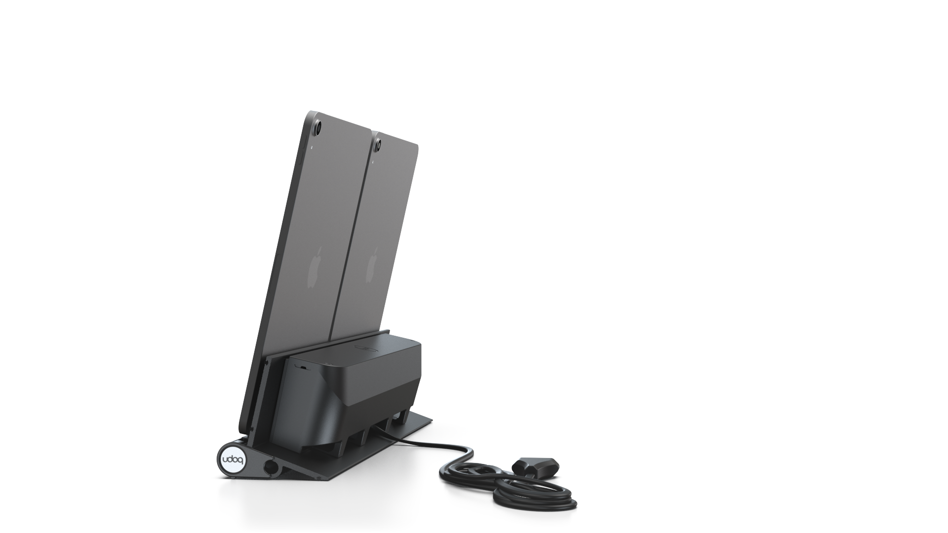 udoq 400 TABLET USB-C schwarz - 2 fach Ladestation gefräst und eloxiert aus solidem Aluminium. Exklusives Design mit patentierten verschiebbaren Anschlüssen. Lade platzsparend alle iPad, iPhone, AirPods, Apple Watch und Android Geräte mit bis zu 136W.