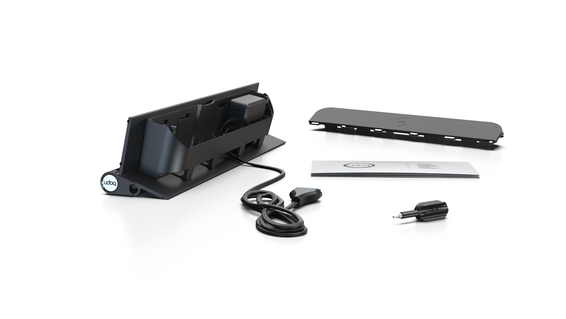 udoq 400 TABLET USB-C schwarz - 2 fach Ladestation gefräst und eloxiert aus solidem Aluminium. Exklusives Design mit patentierten verschiebbaren Anschlüssen. Lade platzsparend alle iPad, iPhone, AirPods, Apple Watch und Android Geräte mit bis zu 136W.