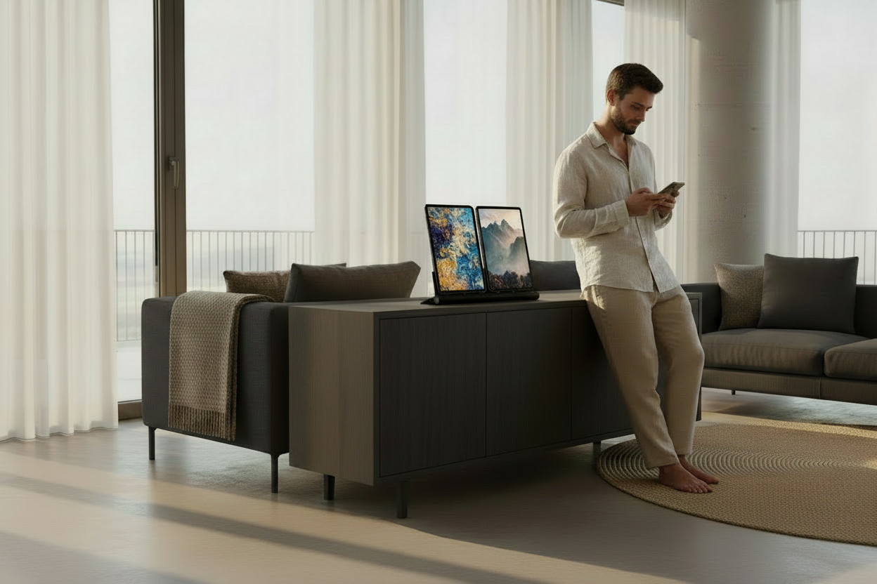 udoq 400 TABLET USB-C schwarz - 2 fach Ladestation gefräst und eloxiert aus solidem Aluminium. Exklusives Design mit patentierten verschiebbaren Anschlüssen. Lade platzsparend alle iPad, iPhone, AirPods, Apple Watch und Android Geräte mit bis zu 136W. AA