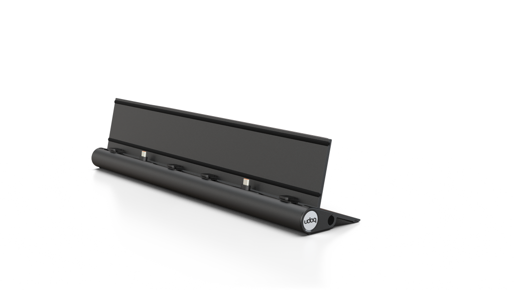 udoq 400 TABLET USB-C schwarz - 2 fach Ladestation gefräst und eloxiert aus solidem Aluminium. Exklusives Design mit patentierten verschiebbaren Anschlüssen. Lade platzsparend alle iPad, iPhone, AirPods, Apple Watch und Android Geräte mit bis zu 136W.
