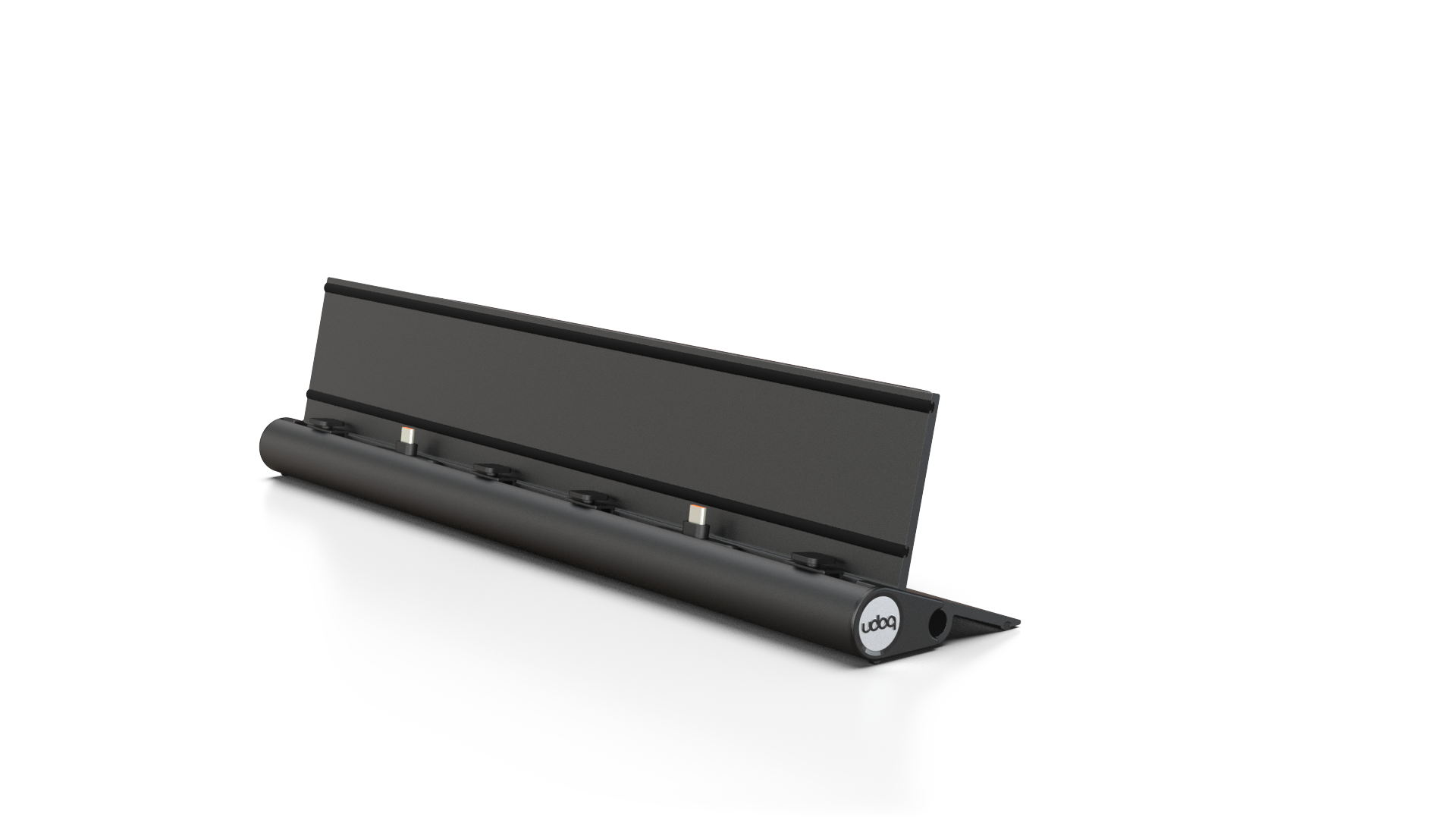 udoq 400 TABLET USB-C schwarz - 2 fach Ladestation gefräst und eloxiert aus solidem Aluminium. Exklusives Design mit patentierten verschiebbaren Anschlüssen. Lade platzsparend alle iPad, iPhone, AirPods, Apple Watch und Android Geräte mit bis zu 136W.
