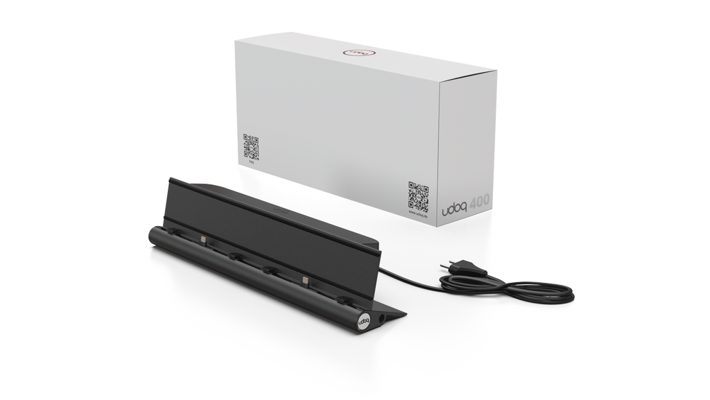 udoq 400 TABLET USB-C schwarz - 2 fach Ladestation gefräst und eloxiert aus solidem Aluminium. Exklusives Design mit patentierten verschiebbaren Anschlüssen. Lade platzsparend alle iPad, iPhone, AirPods, Apple Watch und Android Geräte mit bis zu 136W.