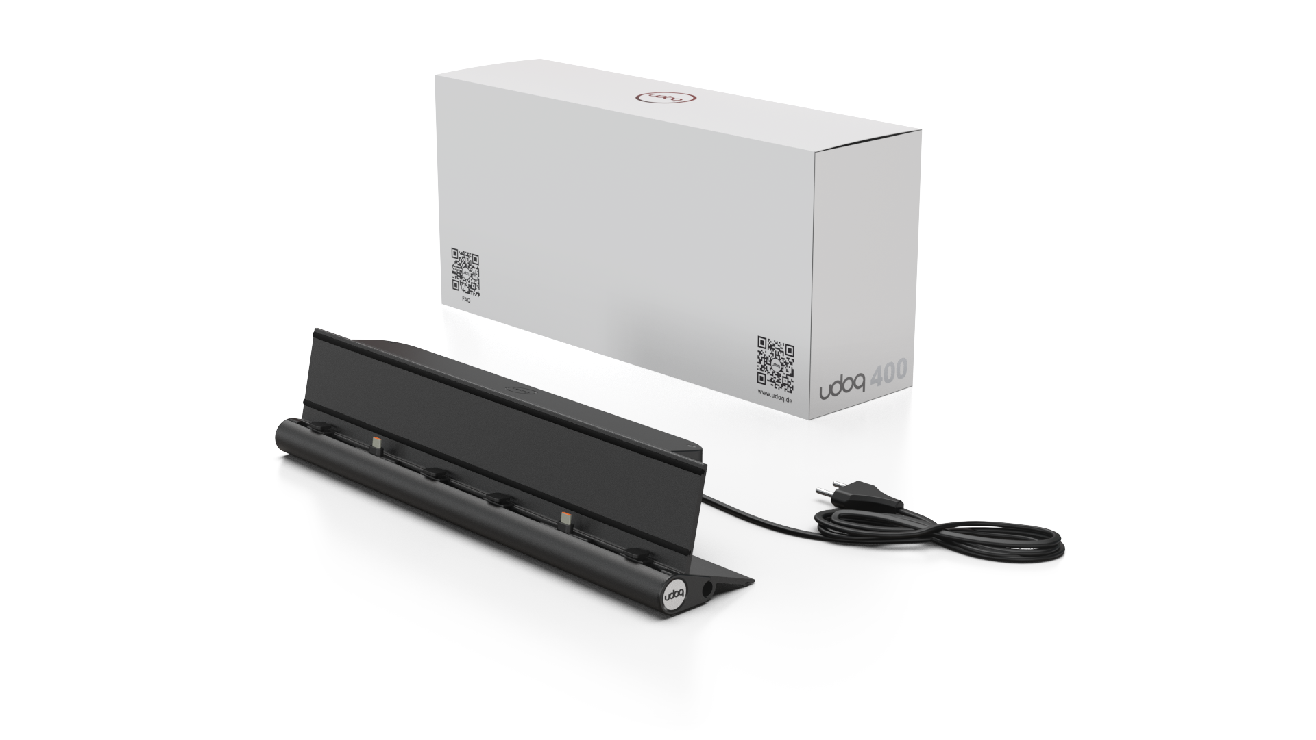 udoq 400 TABLET USB-C schwarz - 2 fach Ladestation gefräst und eloxiert aus solidem Aluminium. Exklusives Design mit patentierten verschiebbaren Anschlüssen. Lade platzsparend alle iPad, iPhone, AirPods, Apple Watch und Android Geräte mit bis zu 136W.