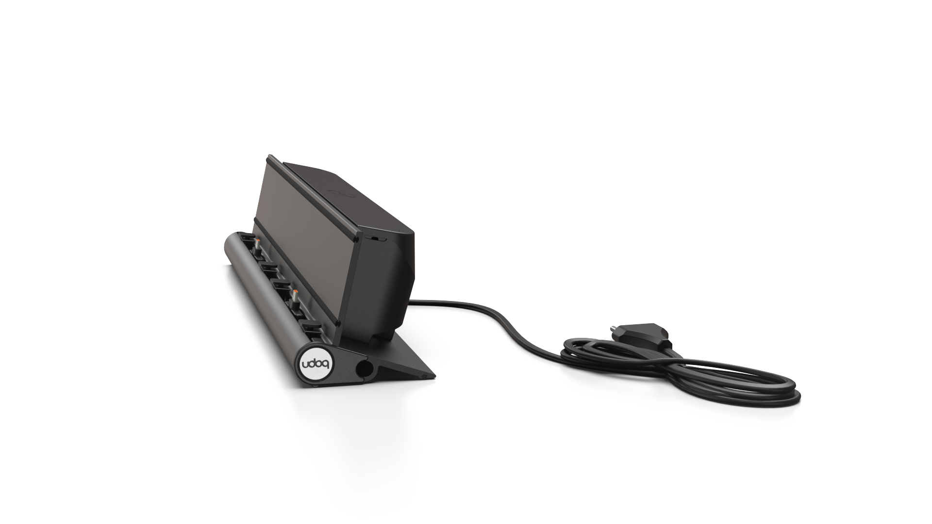 udoq 400 TABLET USB-C schwarz - 2 fach Ladestation gefräst und eloxiert aus solidem Aluminium. Exklusives Design mit patentierten verschiebbaren Anschlüssen. Lade platzsparend alle iPad, iPhone, AirPods, Apple Watch und Android Geräte mit bis zu 136W.
