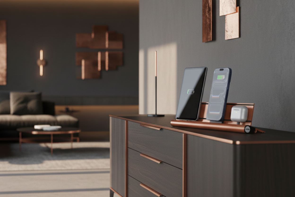 udoq 400 Limited Edition Kupfer - 3 fach Ladestation gefräst und eloxiert aus  solidem Aluminium. Exklusives Design mit patentierten verschiebbaren Anschlüssen. Lade platzsparend alle iPad, iPhone, AirPods, Apple Watch und Android Geräte mit bis zu 136W. AA