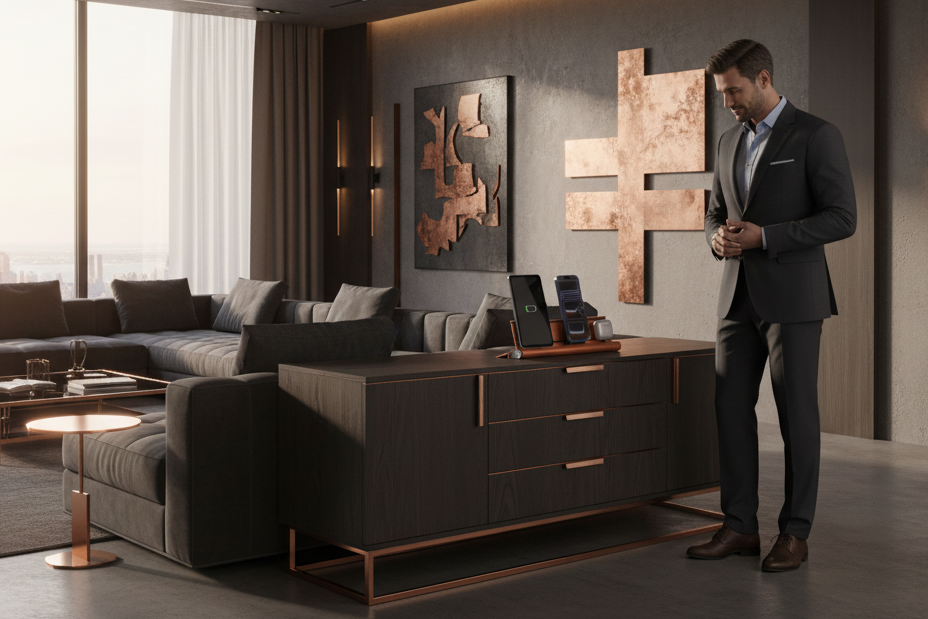 udoq 400 Limited Edition Kupfer - 3 fach Ladestation gefräst und eloxiert aus  solidem Aluminium. Exklusives Design mit patentierten verschiebbaren Anschlüssen. Lade platzsparend alle iPad, iPhone, AirPods, Apple Watch und Android Geräte mit bis zu 136W. AA