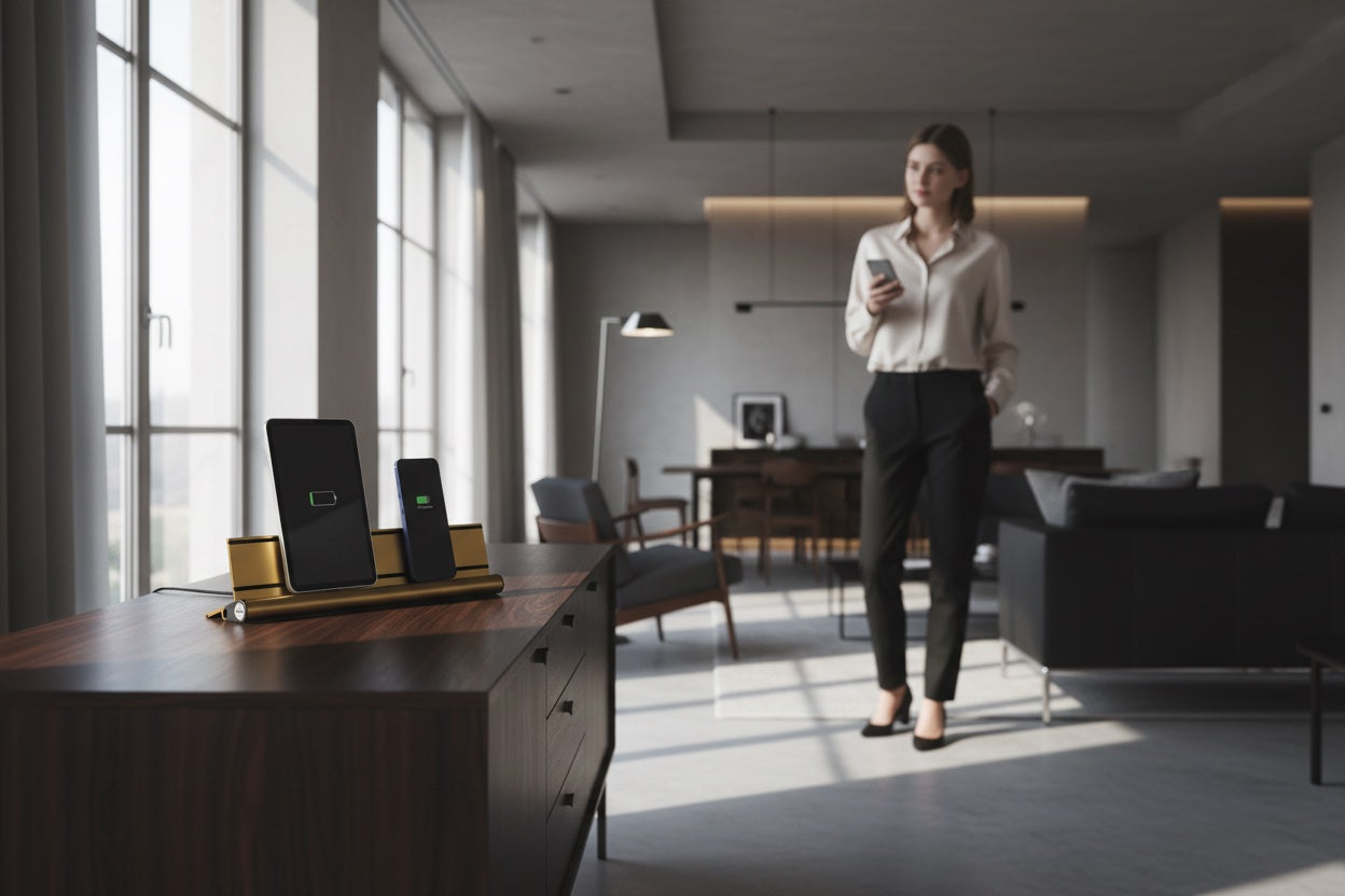 udoq 400 STARTER gold - 2 fach Ladestation gefräst und eloxiert aus solidem Aluminium. Exklusives Design mit patentierten verschiebbaren Anschlüssen. Lade platzsparend alle iPad, iPhone, AirPods, Apple Watch und Android Geräte mit bis zu 136W.