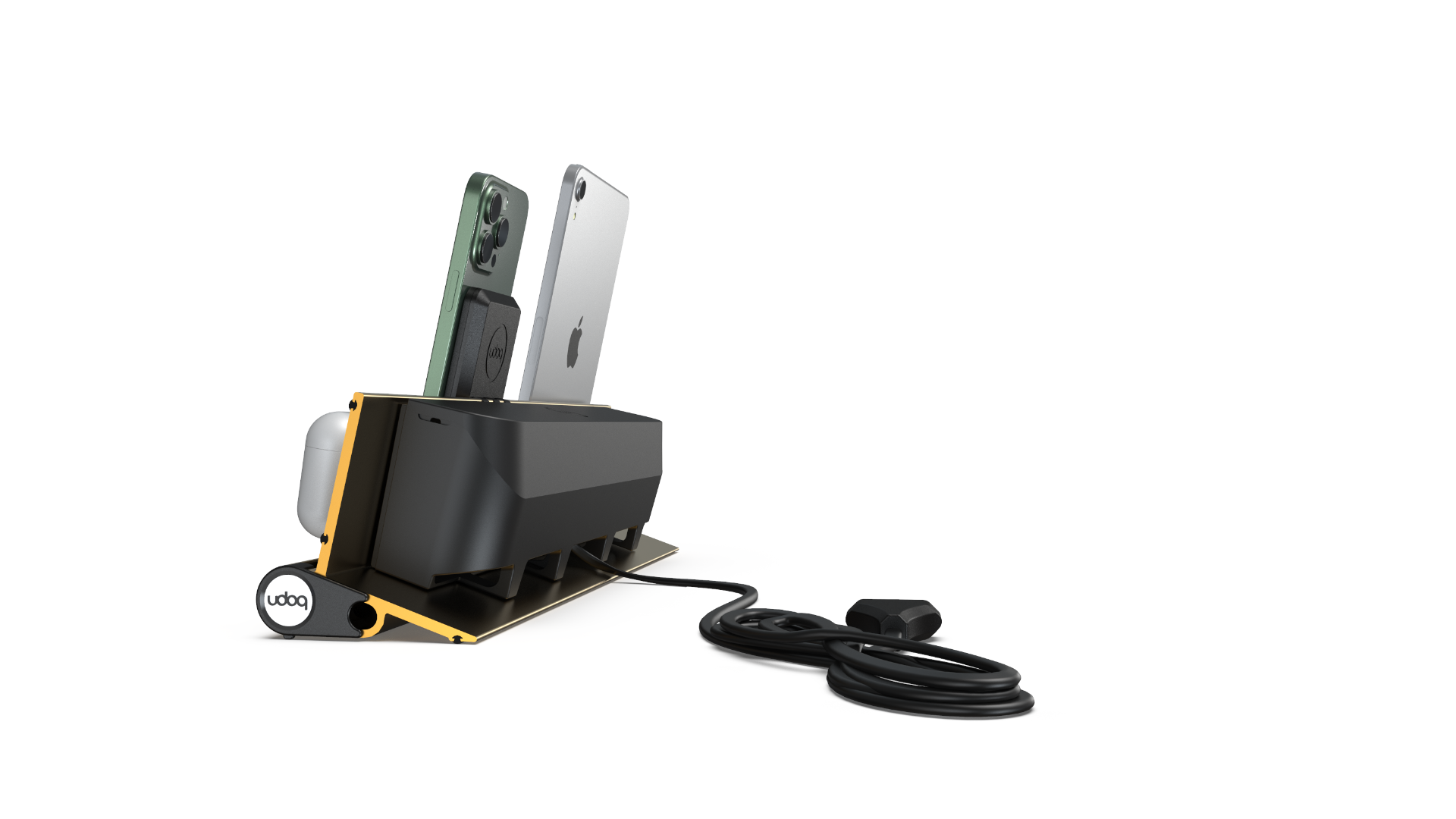 udoq 400 PREMIUM gold - 4 fach Ladestation gefräst und eloxiert aus solidem Aluminium. Exklusives Design mit patentierten verschiebbaren Anschlüssen. Lade platzsparend alle iPad, iPhone, AirPods, Apple Watch und Android Geräte mit bis zu 136W.