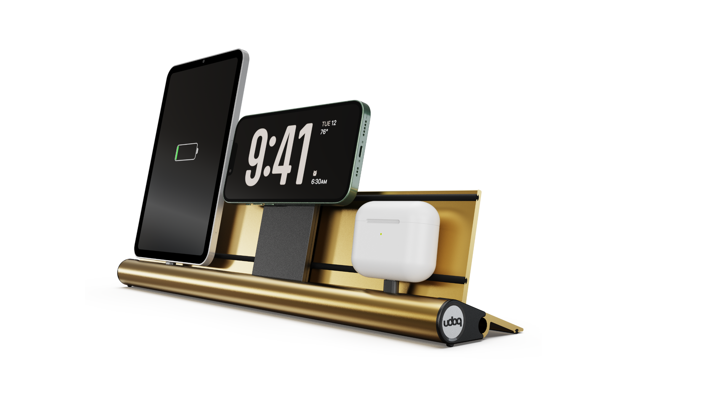 udoq 400 PREMIUM gold - 4 fach Ladestation gefräst und eloxiert aus solidem Aluminium. Exklusives Design mit patentierten verschiebbaren Anschlüssen. Lade platzsparend alle iPad, iPhone, AirPods, Apple Watch und Android Geräte mit bis zu 136W.