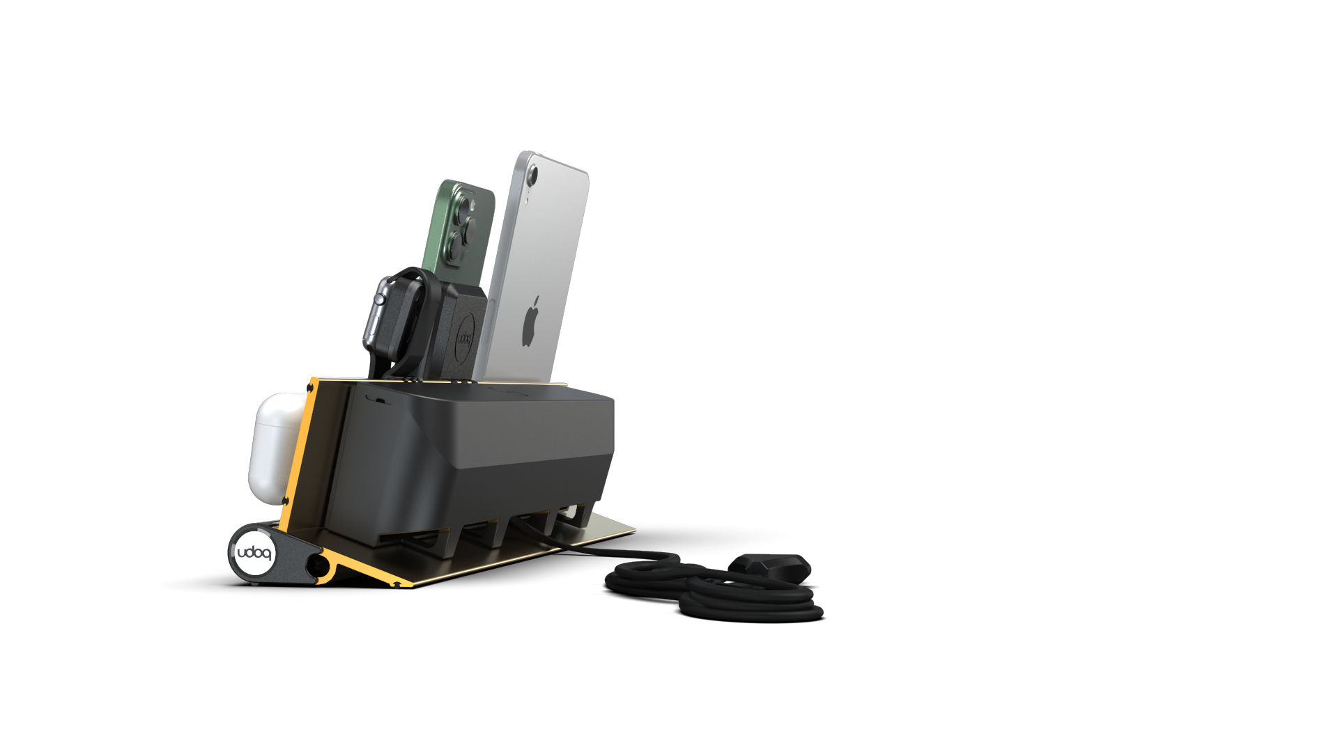 udoq 400 PREMIUM WATCH gold - 4 fach Ladestation gefräst und eloxiert aus solidem Aluminium. Exklusives Design mit patentierten verschiebbaren Anschlüssen. Lade platzsparend alle iPad, iPhone, AirPods, Apple Watch und Android Geräte mit bis zu 136W.